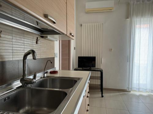 uma cozinha com um lavatório de aço inoxidável e uma televisão em Peschici a un passo em Peschici