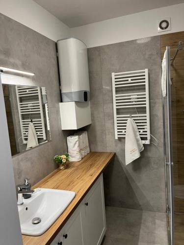 a bathroom with a sink and a shower at Baltic Vip Nowe Apartamenty blisko plaży in Rewal