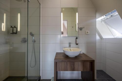 uma casa de banho com um lavatório e um chuveiro em Hotel De Boskar Pelt em Overpelt