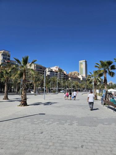 people walking on a beach with palm trees and buildings at Apartamentos Turísticos KENZAMIN in Alicante
