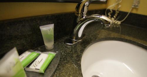 a bathroom sink with a faucet and a toothbrush at Magnolia Inn and Suites Southaven in Southaven