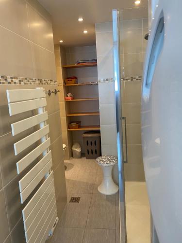 une salle de bain avec douche et toilettes dans l'établissement Appartement les pieds dans l eau, à La Turballe