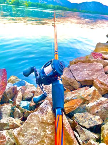 a fishing rod on the rocks next to the water at Casa Nuova Tekija - Kladovo in Tekija