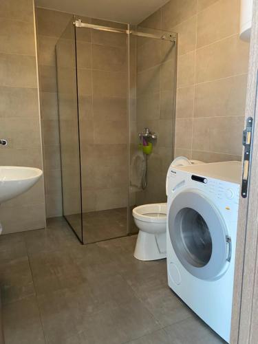 a bathroom with a washing machine and a toilet at Cool Apartments with FREE PARKING in Čačak