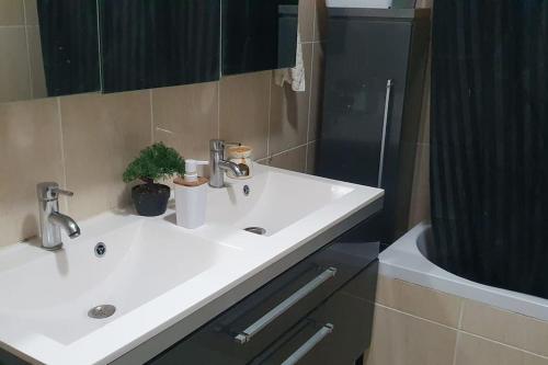une salle de bain avec un lavabo blanc et une douche dans l'établissement Appartement familial - Gentilly - Proche Paris 13, à Gentilly