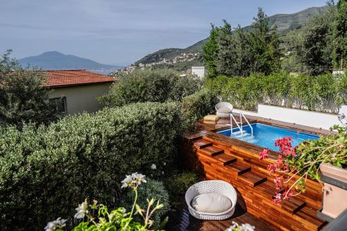 a small swimming pool in a garden with a fence at Villa Antonella in Vico Equense