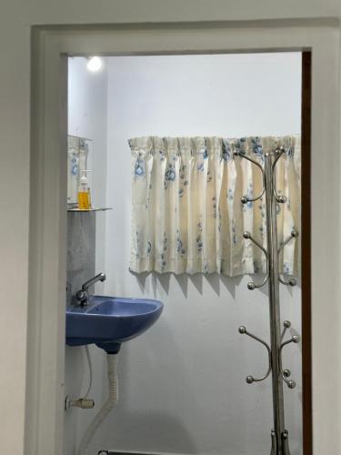 a bathroom with a blue sink and a shower curtain at Sanctuary View Homestay Thattekad in Cochin