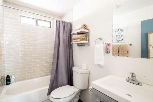 ビッグ・ベアー・レイクにあるEagle's Chalet Summit Viewのトイレと洗面台を備えた白いバスルーム