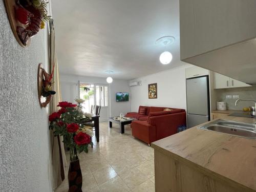 eine Küche und ein Wohnzimmer mit einem roten Sofa in der Unterkunft Isufi House in Delvinë