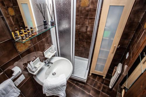La salle de bains est pourvue d'un lavabo et d'une douche. dans l'établissement Marcolski home, à Breuil-Cervinia
