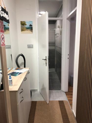 a bathroom with a walk in shower and a shower backdoor at Apartment Mesic is 200 m away from the international airport in Sarajevo in Sarajevo