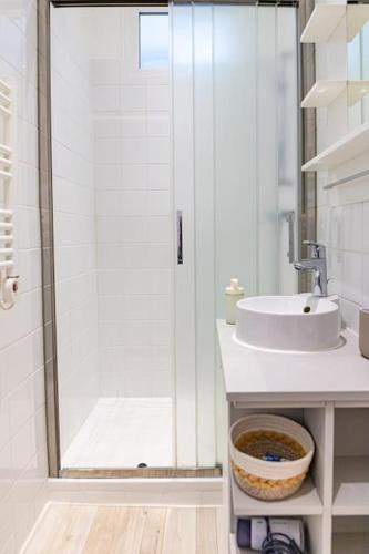 une salle de bain avec douche et lavabo dans l'établissement Studio rénové - lumineux avec local pour vélos, à Saint-Martin-Vésubie
