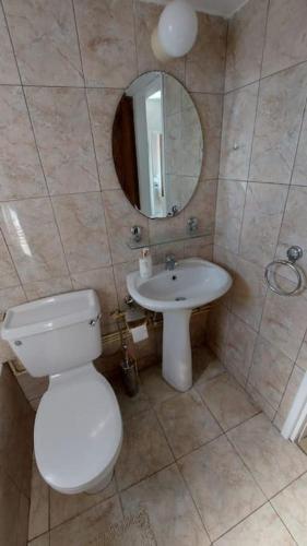 a bathroom with a toilet and a sink and a mirror at Peaceful Beach Location in Limassol