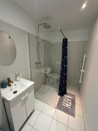 een badkamer met een douche, een wastafel en een toilet bij Appartement de charme n7 in Grimaud