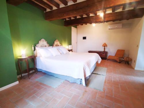 蒙泰卡斯特里利的住宿－Dolce Farnetta en-Suite Spa & Yoga，卧室配有白色的床和绿色的墙壁