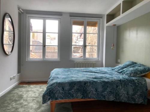 - une chambre avec un lit avec une couette bleue et 2 fenêtres dans l'établissement Appartement plein centre avec vue exceptionnelle cathédrale, à Strasbourg