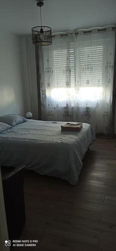 une chambre avec un lit et une fenêtre avec des rideaux dans l'établissement Appartement de standing : 2 chambres, à Raismes