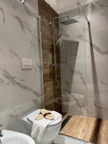 a bathroom with a toilet and a glass shower at CIVICO 8 in Scalea