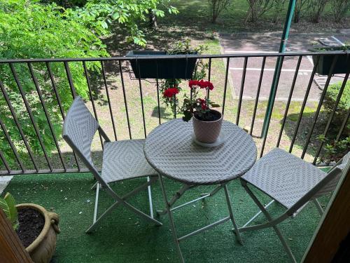 d'une table et de deux chaises sur un balcon avec une plante en pot dans l'établissement Appartement vu sur Seine, à Épinay-sur-Seine
