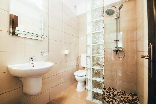 un bagno con lavandino, WC e doccia di Conacul Domnitei a Gura Humorului