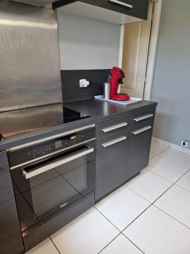 a kitchen with a stove and a red toy on the counter at Maison familiale in Podensac