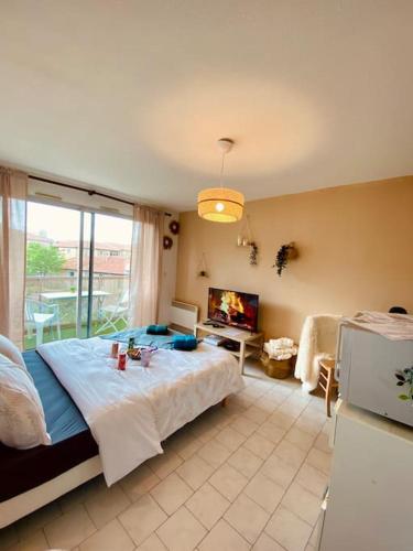 - une chambre avec un grand lit et une télévision dans l'établissement Pépite Bohème Proche Centre & Gare, à Nîmes