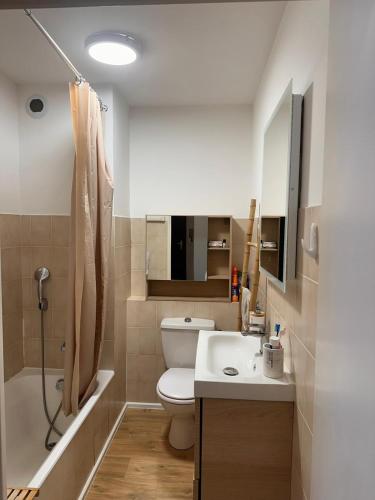 une salle de bain avec toilettes, lavabo et baignoire dans l'établissement New Ô Cosy T2 - Bastia, à Bastia
