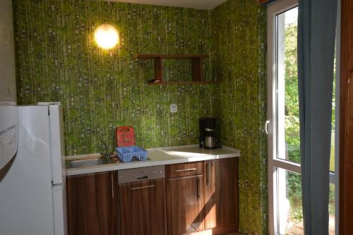 Pobierowo Dom 100m2 z działką في بوبيروفو: مطبخ مع حوض وجدار أخضر