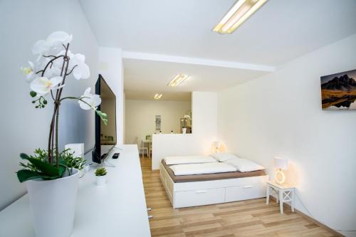- une chambre blanche avec un lit dans l'établissement Wolfgangthal Apartments in Bad Ischl City Center am TRAUNKAi, à Bad Ischl