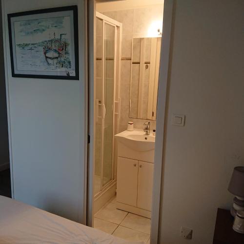 La salle de bains est pourvue d'un lit, d'un lavabo et d'un miroir. dans l'établissement Le Parc aux Huîtres, à Cayeux-sur-Mer