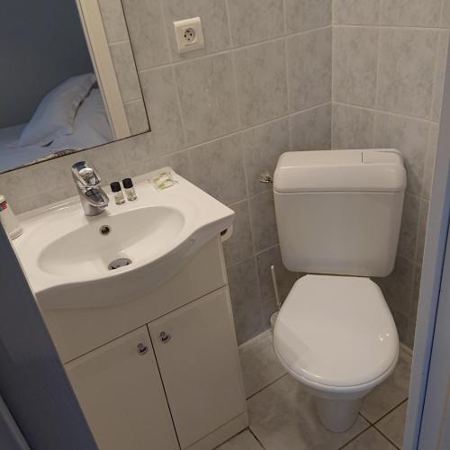 een badkamer met een wit toilet en een wastafel bij Le Parc aux Huîtres in Cayeux-sur-Mer