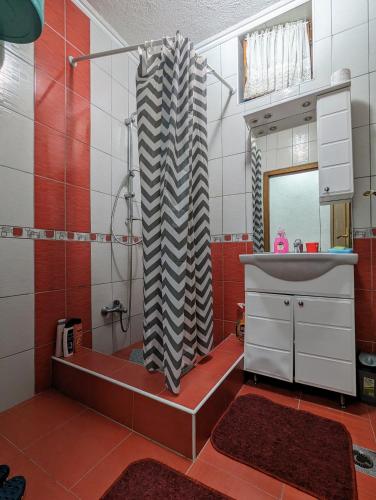 y baño con ducha, lavabo y espejo. en Apartment LAMI - Kalibunar, Travnik, en Travnik