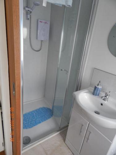 a bathroom with a shower and a sink at Rose's Cottage in Gorran Haven