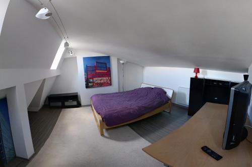 1 dormitorio con 1 cama de color púrpura y TV en Przytulny pokój z łóżkiem king-size w centrum miasta, en Stargard