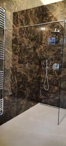 a bathroom with a glass shower with a racket at Villa Giordana in Casalborgone