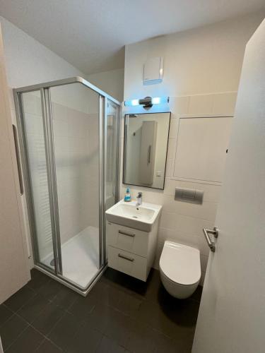 ein Bad mit einer Dusche, einem WC und einem Waschbecken in der Unterkunft Violet Apartment in Brünn