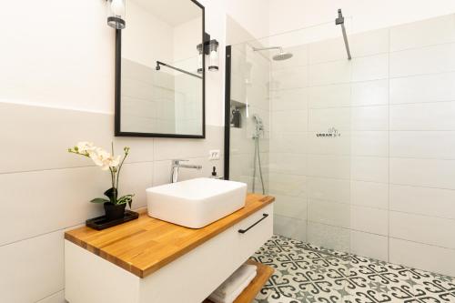 a bathroom with a sink and a shower at Urban Six Apartments in Făgăraş