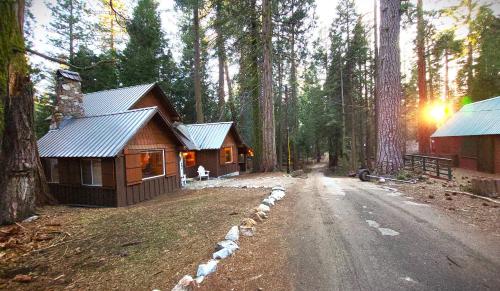 a couple of log cabins in a forest at Sequoia Splendor, inside Kings Canyon NP by Visitors Center in Wilsonia