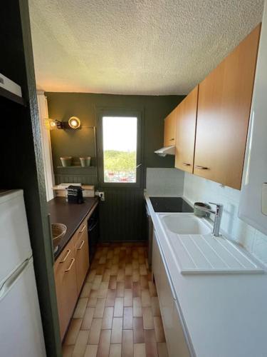 une petite cuisine avec un évier et une fenêtre dans l'établissement Le Nid Ensoleillé - Centre port, au Cap d'Agde