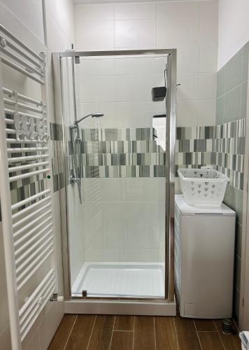a shower with a glass door in a bathroom at Apartment Adriana in Muggia