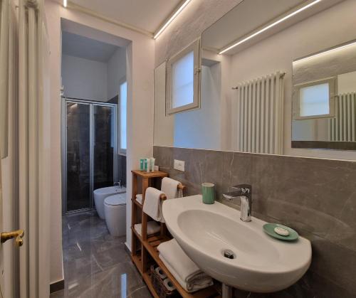 La salle de bains est pourvue d'un lavabo, de toilettes et d'un miroir. dans l'établissement Lo Strullo, à Pise