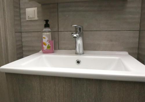 a white sink with a bottle of soap on it at Haris Studio 2 in Keramotí