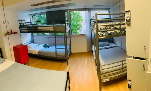 Tempat tidur susun dalam kamar di Corujinha Hostel