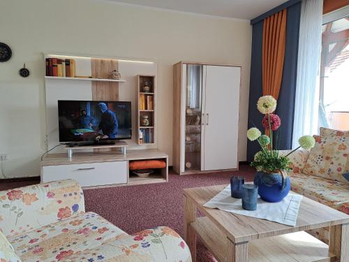a living room with a couch and a tv at Haus Lieberum, Ferienwohnung 2.Etage mit Balkon in Bad Sooden-Allendorf