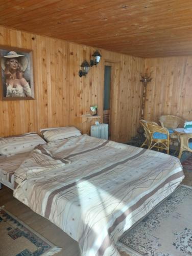 a large bed in a room with wooden walls at Domaćinstvo Jovanović in Cerovica