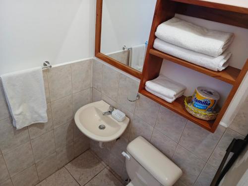een badkamer met een wastafel, een toilet en handdoeken bij Teresita's House Suites 2 con cocina privada in Puerto Baquerizo Moreno