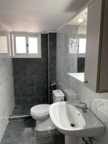 een badkamer met een wit toilet en een wastafel bij Chrisa's Home in Paloúkia