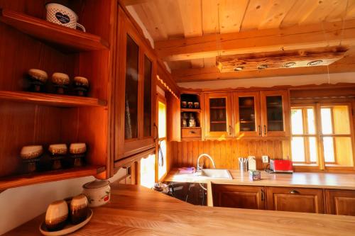 a kitchen with wooden cabinets and a sink at Chalupa Štrčková - srdce Valašska in Vsetín
