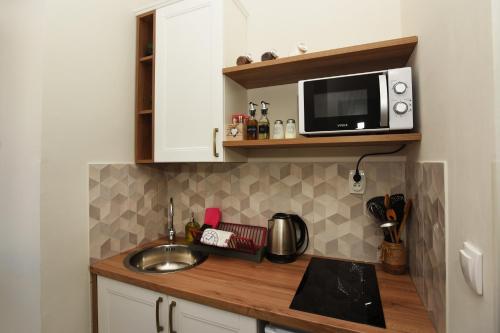 a small kitchen with a sink and a microwave at Apartmani Zukic in Risan
