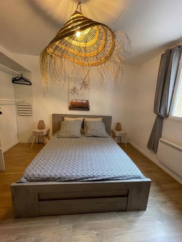 a bedroom with a bed and a chandelier at Le Val d'escure in Saint-Raphaël